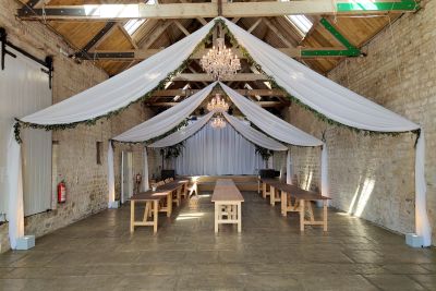 Chandeliers and Drapes at Longbourn Barn